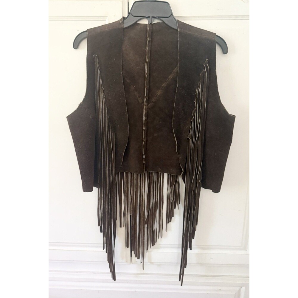 1960s 1970s Vintage Brown Suede Leather Fringe Vest Western Women's Mended Sz Lg - Picture 4 of 12